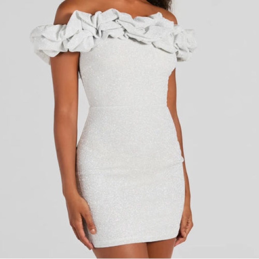Elegant Off-Shoulder Ruffle Glitter White Mini Dress